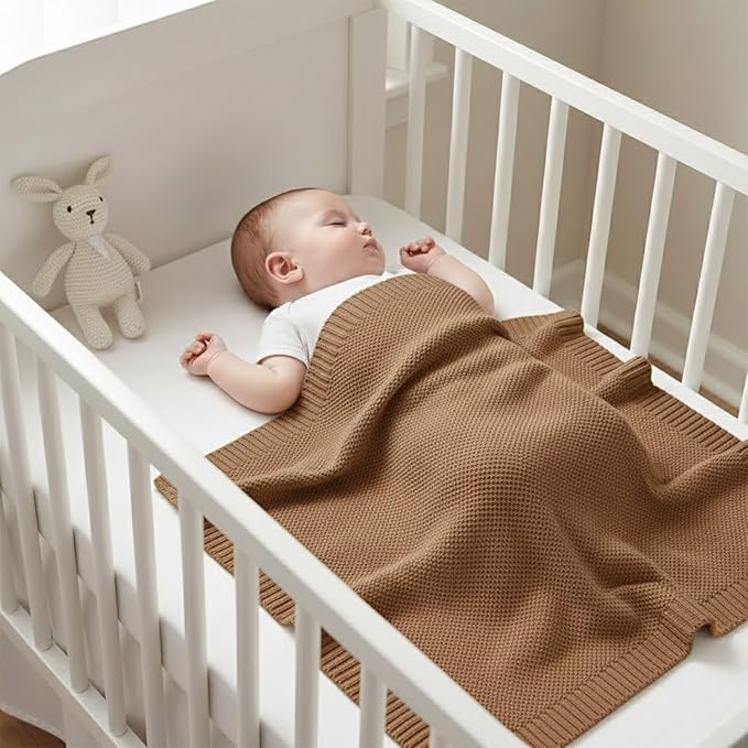 Baby Knit Blanket Soft Cotton Lightweight Newborn Blanket for Crib Stroller Toddler Nursery Shower Gift Cozy Breathable Travel Swaddle Wrap Mocha 30 x 30 Inches