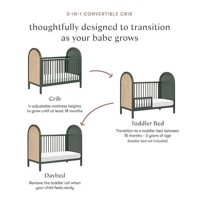 Babyletto Bondi Cane 3-in-1 Convertible Baby Crib - GREENGUARD Gold Certified Convertible Crib to Toddler Bed & Daybed - Wooden Baby Bed - 4 Adjustable Heights - Made of 100% Solid Wood - Forest Green