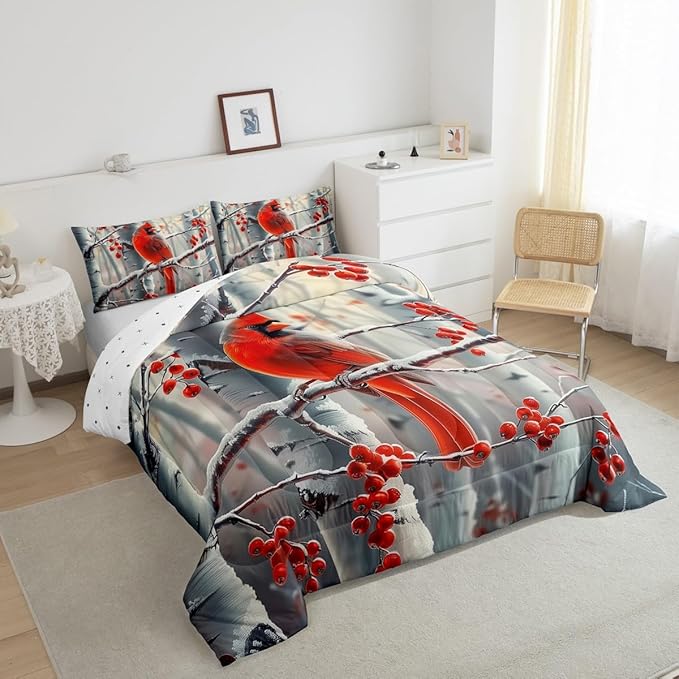 jejeloiu Kids Red Cardinal Comforter Set Toddler Christmas Theme Bedding Set for Boys Girls Teens Xmas Birds Winter Rustic Country Farm Animal Duvet Quilt Room Decor