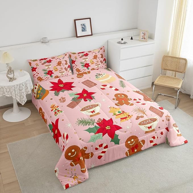 Feelyou Cute Gingerbread Man Bedding Set for Kids Boys Girls Toddler Size Christmas Trees Comforter Set Ultra Soft Candy Comforter Dessert Duvet Quilt Bedroom Decor Christmas Decor Quilt