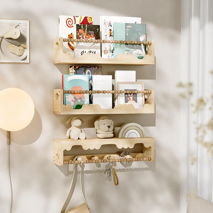 Nursery Floating Shelves for Wall,3-Pack Scalloped Wall-Mounted Nursery Book Shelves,Hanging Shelves for Bedroom,Living Room,Bathroom,Kitchen and Home Decor