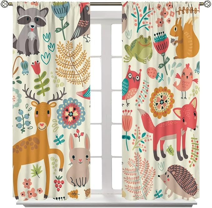 Kids Baby Woodland Blackout Curtains,Forest Animals Plants Cartoon Funny Colorful Deer Fox Owl Pattern Thermal Insulation Window Drapes for Boys Girls Children's Bedroom 42x63in