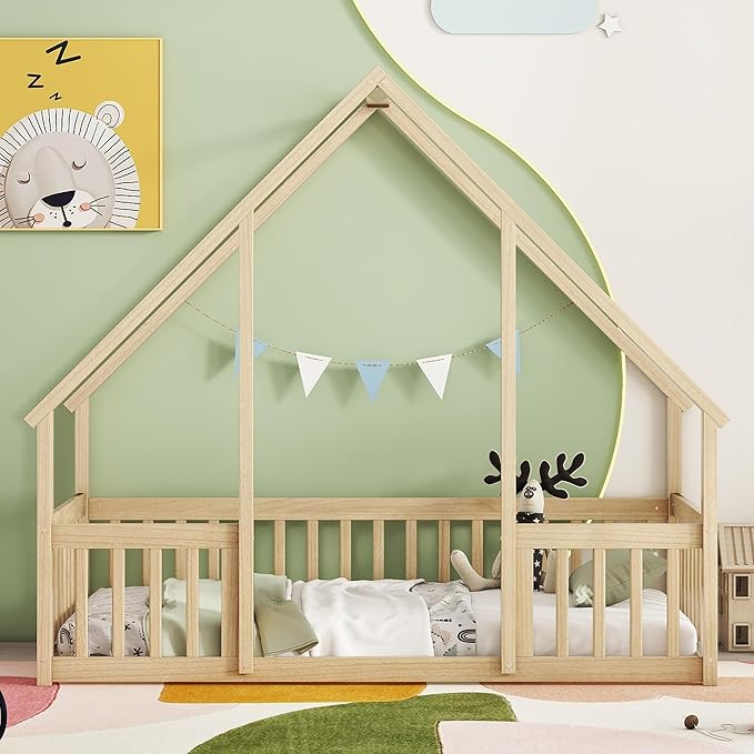 Bellemave Twin Floor Bed for Kids, Girls, Boys, Wood House Bed Frame, House Floor Bed, Twin Size Montessori Floor Bed with Fence, Playhouse, Natural