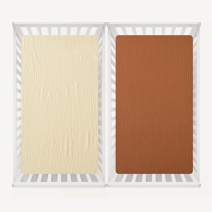 david's kids Muslin Crib Sheets for Boys Girls, 2 Pack 100% Cotton Soft Breathable Fitted Baby Sheet Set, 28x52 Inch Fits Standard Crib and Toddler Mattresses, Beige & Brown