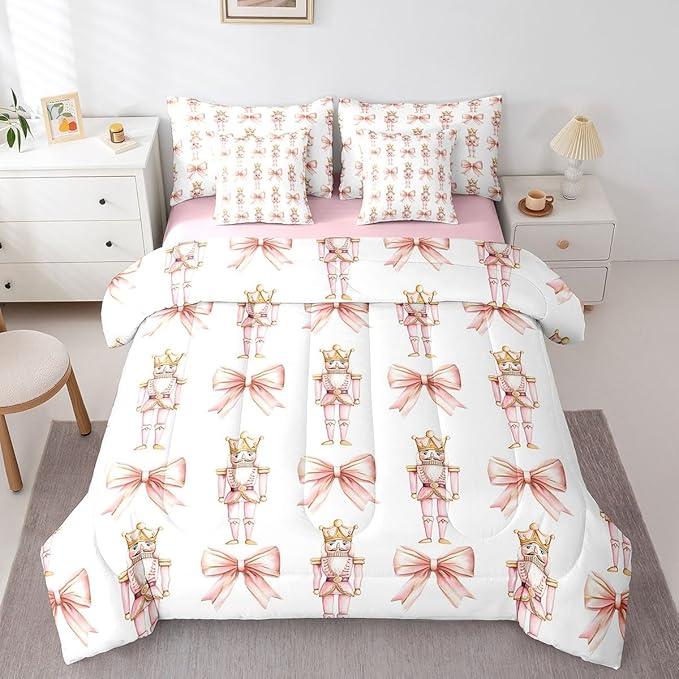7 Pieces Cartoon Nutcracker Kids Comforter Set Queen,Pink Bowknot Romantic Princess Bedding Set,Ballet Merry Christmas Bow Tie Dreamy（Comforter+Fitted+Flat Sheet+2 Pillowcases+2 Throw Pillow Covers）