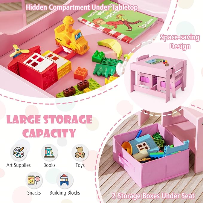 HONEY JOY Kids Table and Chairs, 3-in-1 Children Wooden Activity Set with Storage, Detachable Tabletop, for Art, Craft, Drawing, Reading, Gift for Toddlers Boys Girls 3-7 Years Old (Pink)