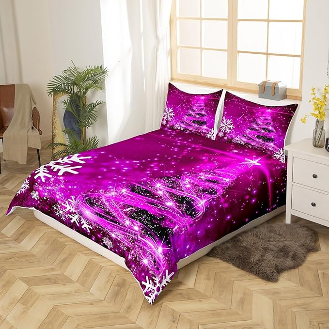Manfei Purple Xmas Tree Duvet Cover Set Queen Size, White Snowflake Print Comforter Cover with 2 Pillowcases, New Year Theme Bedding Set 3pcs for Kids Boys Girls Bedroom Decor,No Comforter