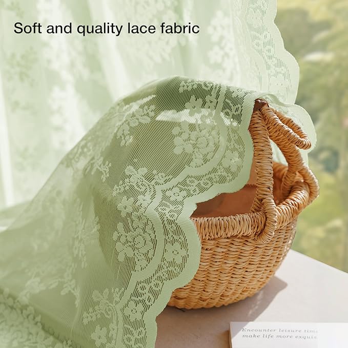 Anmao Vintage Lace Curtains 108 Inches Long 2 Panels, Romantic Semi Sheer Floral Lacy Curtain for Living Room, Elegant Window Drapes for Bedroom, Each 55W x 108L, Light Green