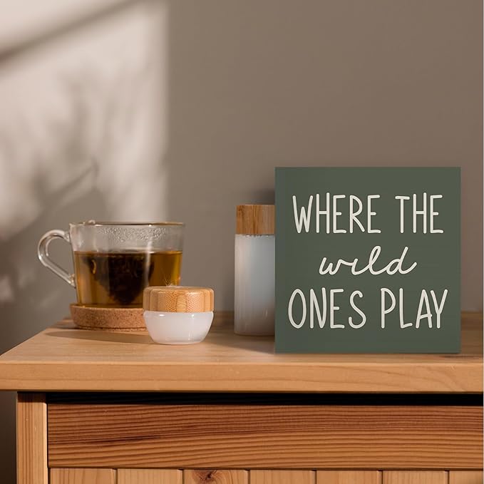 Where The Wild Ones Play Green Wood Box Sign Desk Decor 8x8, Nursery Kids Room Wooden Block Sign Decorations for Playroom Toddler Boys Girls Room Wall Tabletop Shelf Decor
