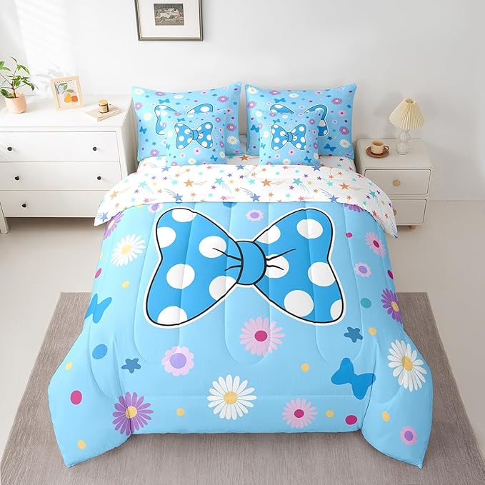 7 Pieces Blue Bowknot Kids Comforter Set Full,Daisy Flowers Geometric Dot Patchwork Bedding Set,Star Bow Tie Princess Cute Dreamy（Comforter+Fitted+Flat Sheet+2 Pillowcases+2 Throw Pillow Covers）