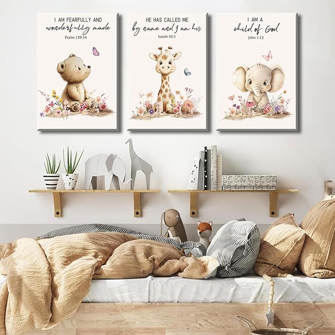 3Pcs Nursery Animal Bible Verse Canvas Wall Art Cute Bear Elephant Giraffe Wall Decor Pictures Christian Baby Nursery Posters Prints for Kids Boys Girls Room Home Decoration 16x24in