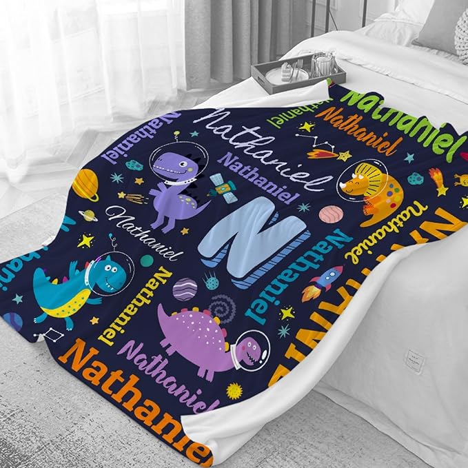 Dinosaur Lover Astronaut Personalized Blanket with Name Custom Dinosaur with Name Flannel Blanket Soft Throw Meaningful Gift for Toddlers Girls Boys Kids Pets 40 * 30" XS for Toddler