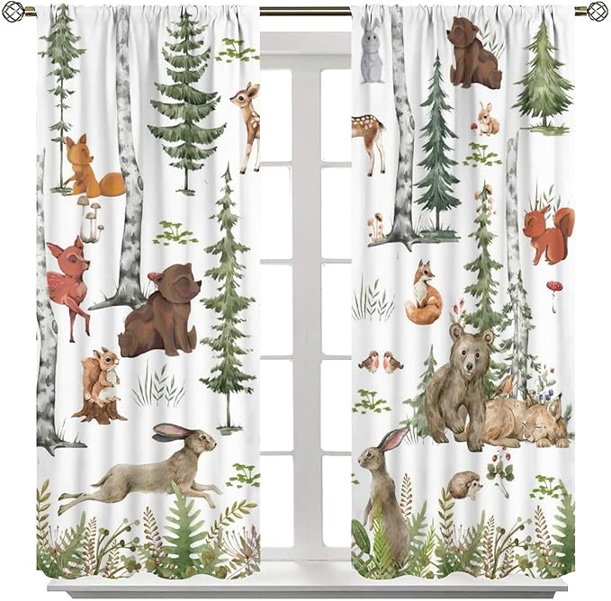 Animal Kids Curtains, Woodland Squirrel Rabbit Bear Animal Friends Forest Curtains for Boys and Girls Bedroom Living Room Kitchen 52x84in