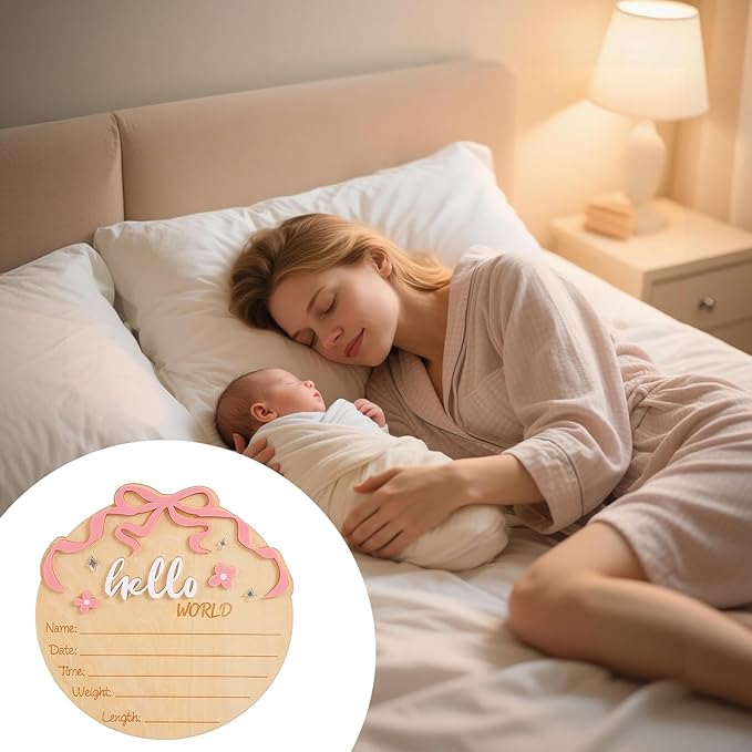 Hello World Newborn Sign, Wooden Pink Bow and Flower Baby Birth Announcement Board Newborn Welcome Sign for Nursery Home Hospital Decor Photo Props