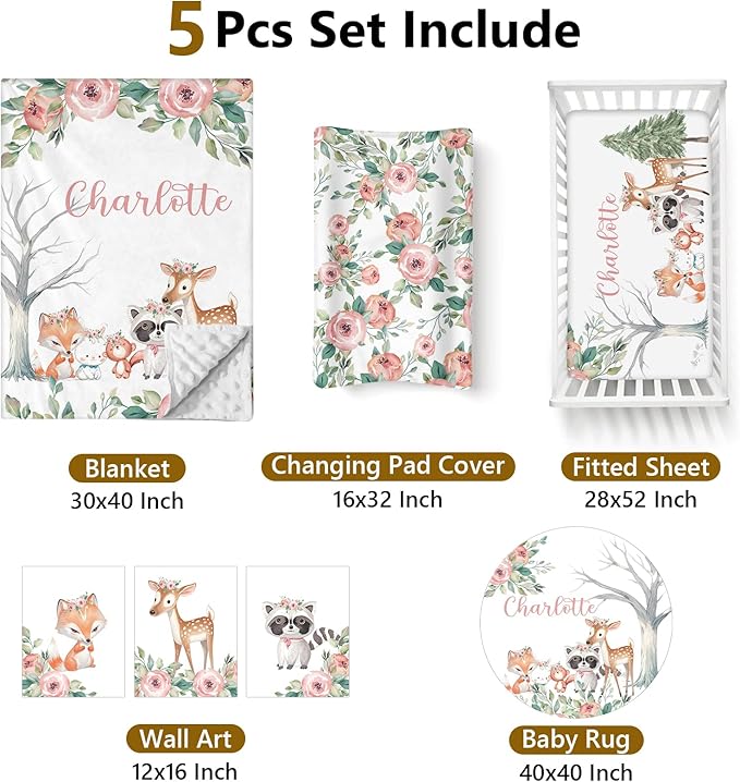 Personalized Baby Bedding Set - 5 Pcs Custom Name Bedding Crib Set for Girls Boys, Soft Toddler Crib Set for Infant Customized Gifts, Pink Forest Animals