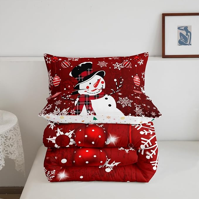 Manfei Snowman Comforter Set Queen Size, Snowflake Balloon Xmas Decor Down Comforter with 2 Pillowcases, Christmas Red Bedding Set 3pcs for Kids Boy Girls Bedroom Decor Lightweight Duvet Insert