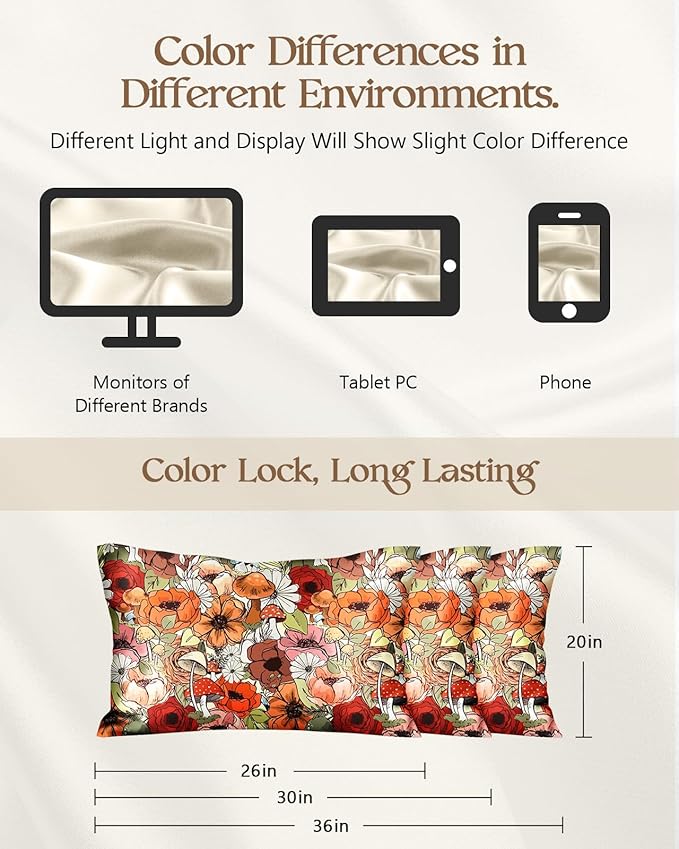 Silk Pillowcase 2 Pack - Pillow Cases 20" x 36" King Size Set of 2 for Hair and Skin Smooth Soft Breathable with Hidden Zipper Cooling Pillow Covers for Sleeping, Mushroom Bushes