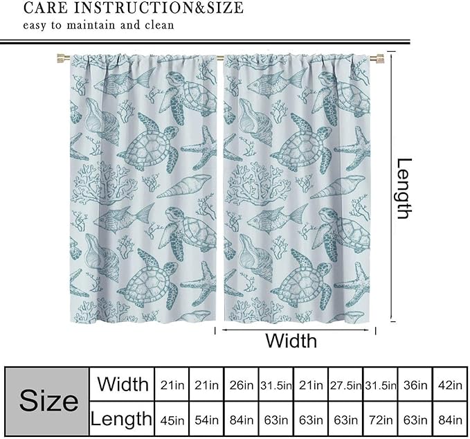 BAEKJIN Turtle Starfish Curtains,Coral Starfish Seashell Beach Sea Seashell Theme Pattern Print Decor Home Bedroom Living Room Window Treatmen 2 Panel Set 42x45 Inch