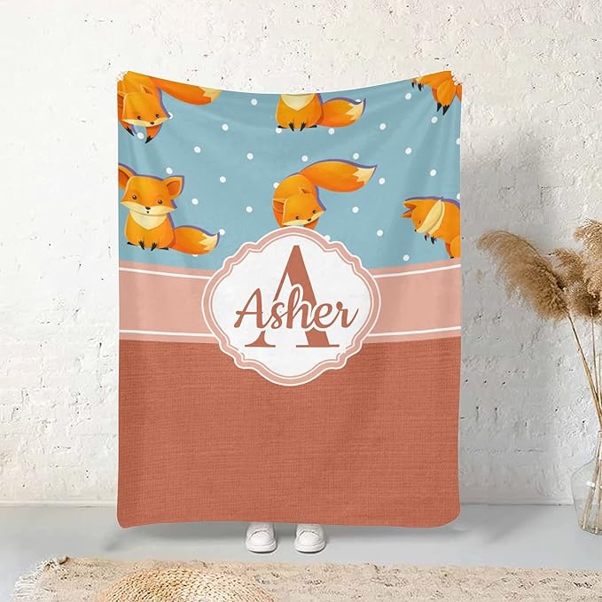 Fox and Dots Personalized Receiving Sherpa Fleece Baby Blankets for Girls Boys Kids, Swaddle Blankets Gift for Newborn Crib Infants 30x40 Inches