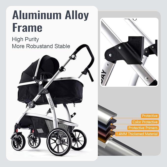 Baby Stroller, 2-in-1 Reversible Toddler Seat with Bassinet Mode, Foldable Infant Stroller with Canopy, One Button Brake, Adjustable Handle, Newborn Pushchair(Black)