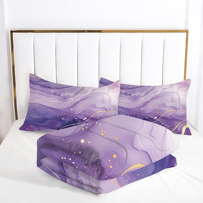 Purple Comforter Set Queen: Light Purple Watercolor Marble Bedding Set Abstract Artwork Gold Glitter Marbling Quilts Modern Aesthetic Bed Set for Women Adults Girls 3 Piece