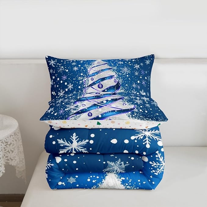 Feelyou Merry Christmas Kids Comforter Set King Size Christmas Tree Bedding Set Snowflake Duvet Quilt for Kids Boys Girls Bedroom Winter Decor Microfiber Ultra Soft Breathable