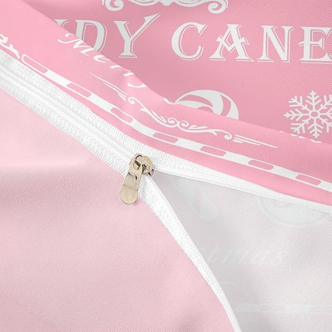jejeloiu Christmas Bedding Set Full Size Kids Christmas Quote Comforter Cover Set for Boys Girls Teens Candy Canes Print Duvet Cover Xmas Bedspread Cover Room Decorations Pink White Quilt Cover