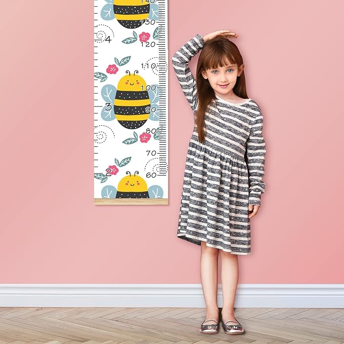Personalized Kids Name Growth Chart Ruler for Wall Wood Frame Height Measure Chart 13.4x56 in Linen Hanging Height Growth Chart Cute Cartoon Bee Red Floral Kids Room Decor