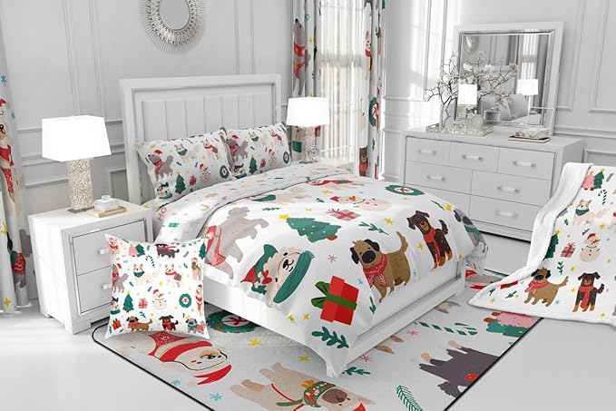 Erosebridal Merry Christmas Quilt Full Size Cartoon Dog Comforter Set for Teens Kids Boys Xmas Tree Snowman Bedding Set Cute Pug Puppy Animal Duvet Insert with 2 Pillow Cases