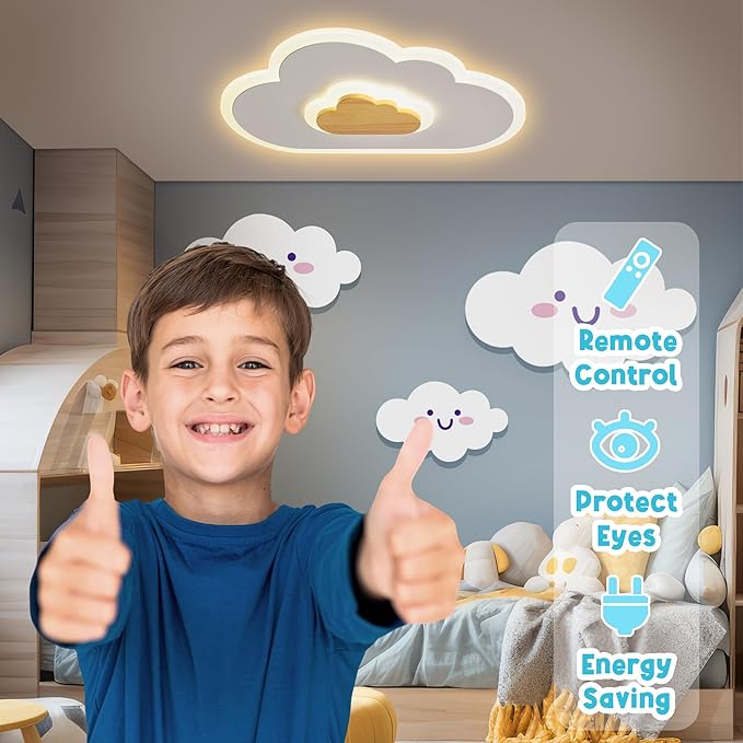 LED Ceiling Light Fixture 23.7in Dimmable Children Cloud Lights for Ceiling with Remote Control 36W Creative Wooden Bedroom Ceiling Light for Kids Room Bedroom Living Room