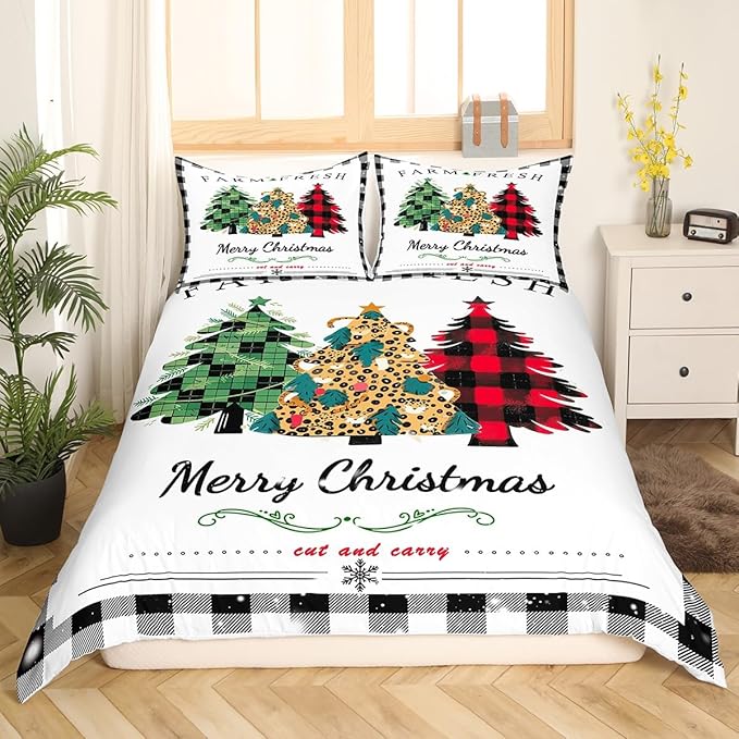 Manfei Christmas Tree Duvet Cover Set Queen Size, New Year Theme Comforter Cover with 2 Pillowcases, Leopard Plaid Print Xmas Bedding Set 3pcs for Kids Boys Girls Bedroom Decor,No Comforter