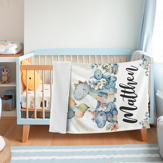 Personalized Baby Name Blanket for Boy Girl, Soft Flannel Blanket with Double Layer Dotted Backing for Infant Newborn, Nursery Crib with Dinosaur Design, Customized Gifts for New Mom(47" x60)