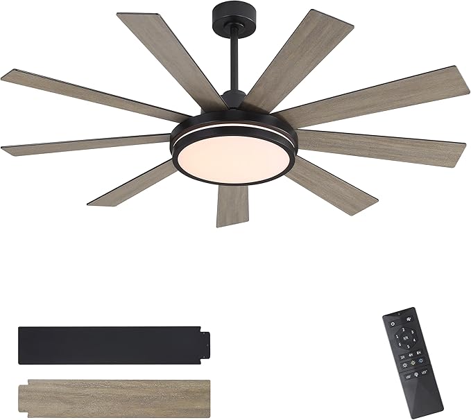 WINGBO 60" Ceiling Fan with Light - Large LED Dimmable Light, 6-Speed Remote Control, Reversible DC Motor, Modern Ceiling Fan 9 Blades for Bedroom, Living Room, Indoor Outdoor Black and Driftwood