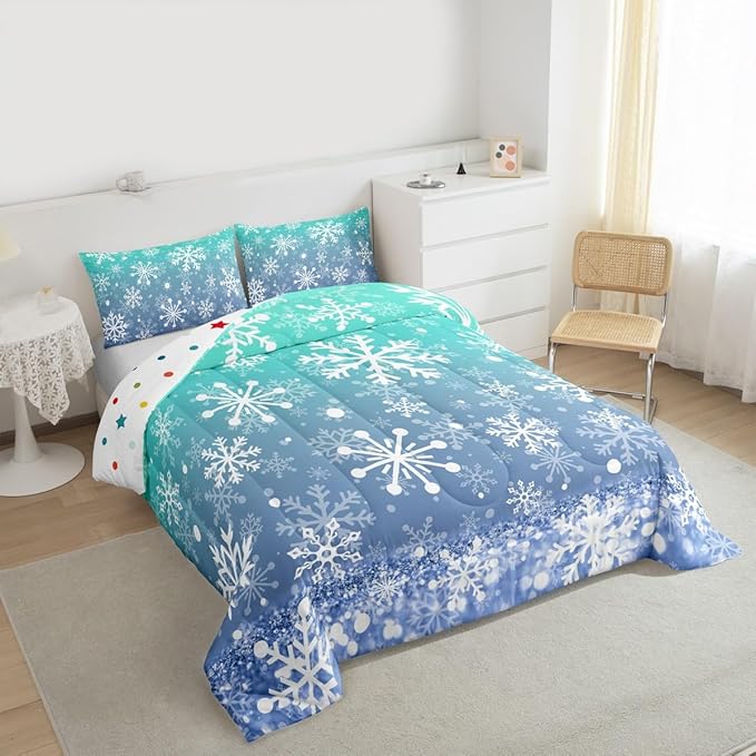 Feelyou Winter Snowflake Kids Comforter Set Full Size Christmas Bedding Set Winter Holiday Duvet Quilt for Kids Boys Girls Bedroom New Year Decor Microfiber Ultra Soft Breathable