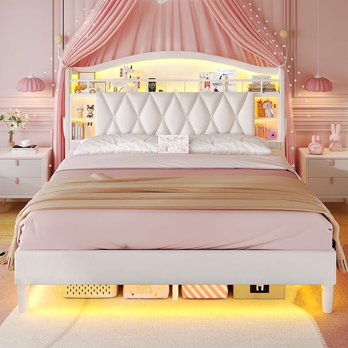 ADORNEVE Full Bed Frame with LED Lights, Princess Velvet Upholstered Platform Bed for Girls, Headboard with Charging Station & Guardrail & Crystal Button, No Box Spring Needed,Beige