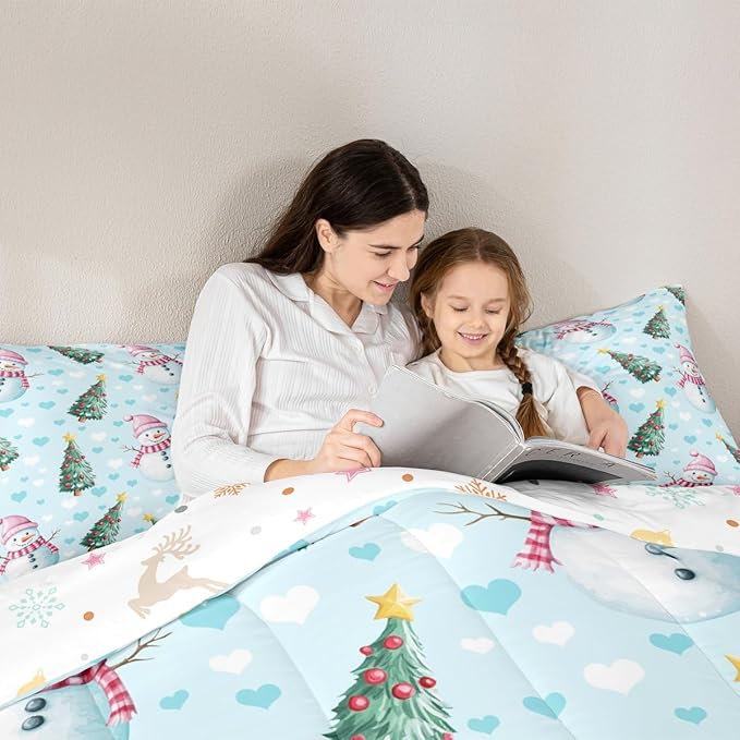 Feelyou Merry Christmas Kids Comforter Set Twin Size Cute Snowman Bedding Set Christmas Tree Duvet Quilt for Kids Boys Girls Bedroom Love Hearts Decor Microfiber Ultra Soft Breathable