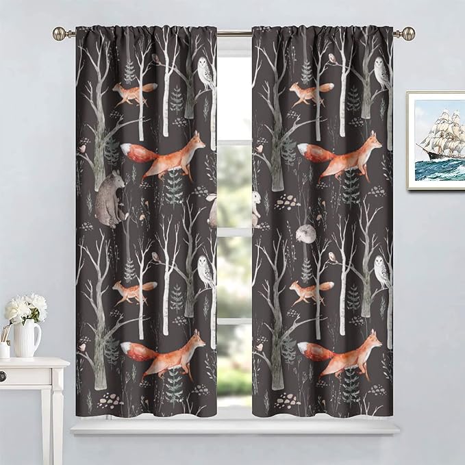 Rustic Forest Curtain, Woodland Country Hunting Animal Deer Fox Wildlife Bear Farmhouse Lodge Cabin Blackout Rod Pocket Windows Door Curtain for Bedroom Living Room Home Decor 55x63in