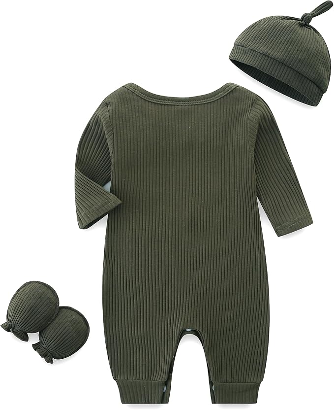 Baby Romper with Baby Mittens & Newborn Hats Footless Long Sleeve Solid Onesie Hi Im New Here