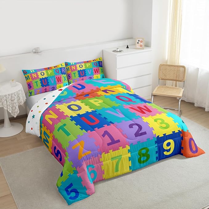 Feelyou Kids Puzzle Alphabet Numbers Comforter Set Queen Size ABC Letters Bedding Set for Kids Boys Girls Educational Duvet Quilt English Learning Bedroom Decor Microfiber 3 Pcs with 2 Pillow Cases
