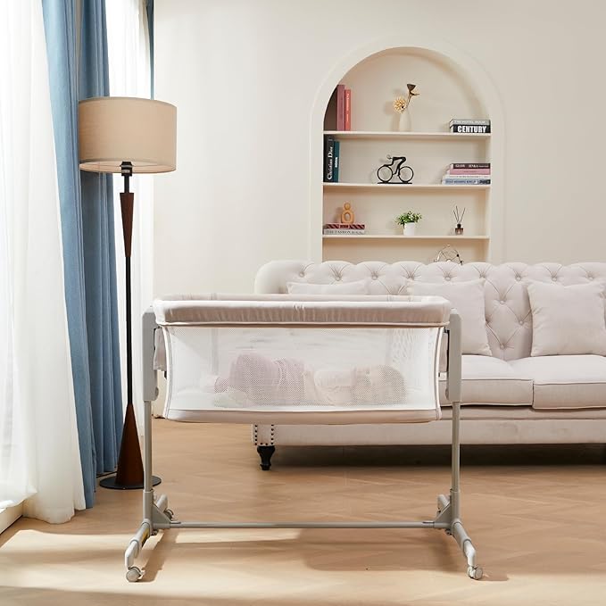 Baby Bassinet Bedside Sleeper 3-in-1, Easy Night Feeding with One-Side Fold & Rolling Wheels, Breathable Mesh, 6-Height Adjustable, Soft Mattress for Newborns