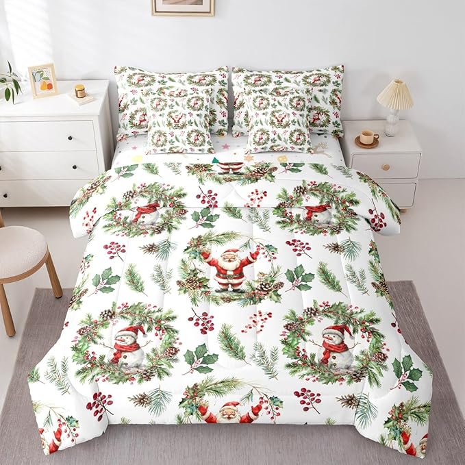 Erosebridal Cartoon Santa Claus King Comforter Set with Sheets 7 Piece Cute Xmas Snowman Bed in A Bag Winter Red Berry Pine Branches Leaf Bedding Sets for Teenager New Year Holiday Wreath Bed Set