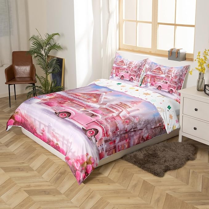 Manfei Christmas Duvet Cover Set Twin Size, Winter Snowman Truck Flower Bedding Set for Kids Girls Room Decor, New Year Pink Comforter Cover, Soft Polyester Quilt Cover, 1 Pillowcase, No Comforter