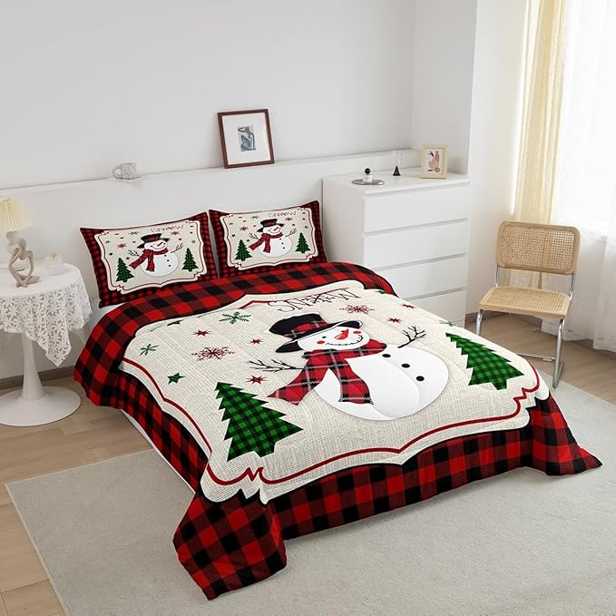 Manfei Cute Snowman Comforter Set Twin Size, Xmas Trees Snowflake Down Comforter with 1 Pillowcase, Christmas Theme Red Plaid Bedding Set 2pcs for Kids Girls Room Decor New Year Duvet Insert