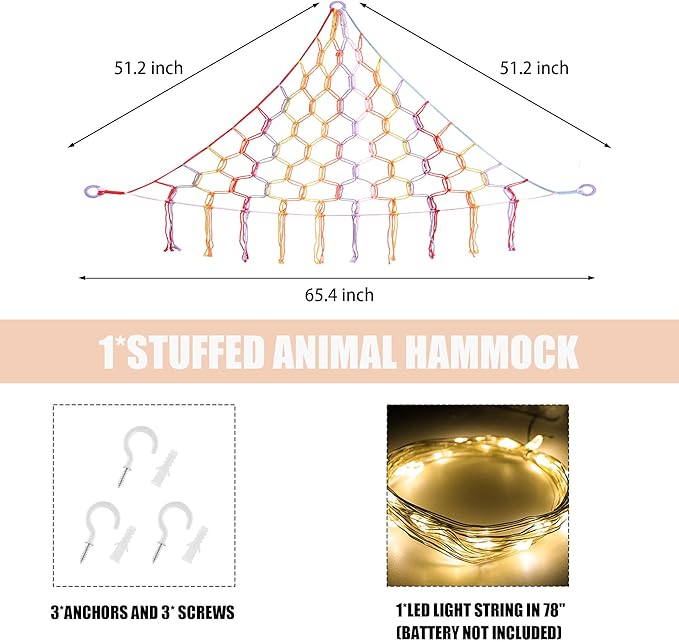 Stuffed Animal Hammock with LED Light, Large Stuffed Animals Storage Corner Plushie Net for Kids Room Decor, Rainbow