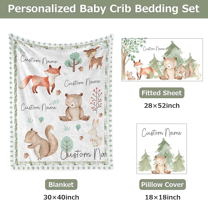 Personalized Baby Crib Bedding Set,3 Piece Custom Name Nursery Set with Blanket, Fitted Sheet & Pillowcase for Baby Girls & Boys, Forest Buddies Theme(Fixed Size)