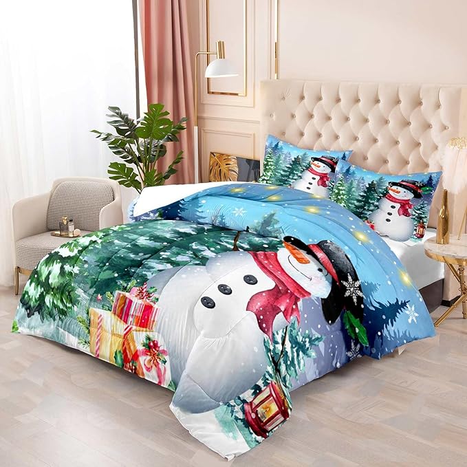 LUVIVIHOME 3PCS Merry Christmas Comforter Set King Size, Cute Funny Snowman Bedding, Winter Snowflake Pine Tree Christmas Bedroom Decor for Kids Boys Girls Teens Toddler, Xmas Gifts, 2 Pillow Shams