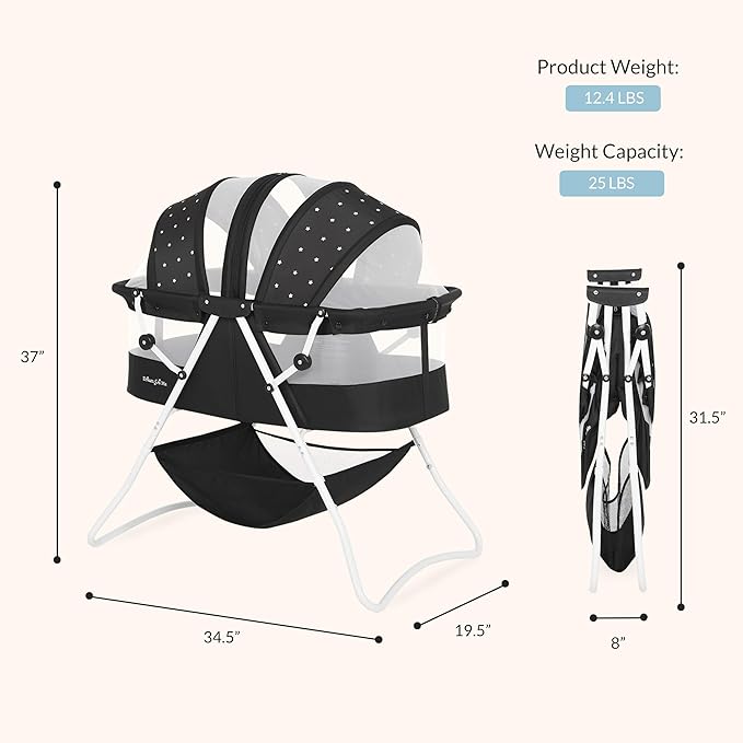 Dream On Me Karley Bassinet, Award Winner Lightweight Travel Baby Bassinet, Foldable Bedside Sleeper, Adjustable Double Canopy, Spacious Design, Soft Fabric, Storage Basket – Black and White