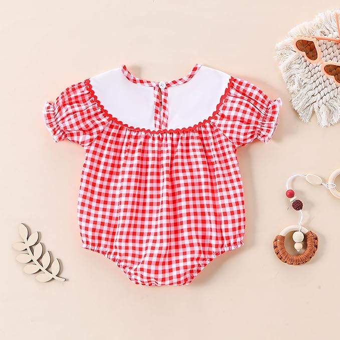 Newborn Baby Girl Romper Mamas Mini Bow Plaid Print Puff Sleeve Smocked Bubble Romper Jumpsuit Bodysuit Clothes