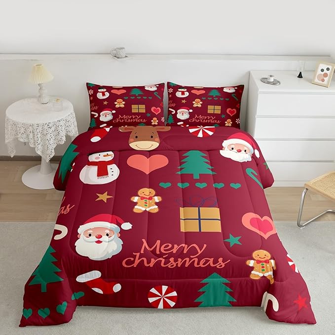 Feelyou Merry Christmas Comforter Set All Season Santa Claus Snowman Bedding Set with 1 Pillow Cases Gingerbread Man Microfiber Kids Toddler Bedclothes Xmas Tree Deer Bedroom Decor Duvet Quilt Soft
