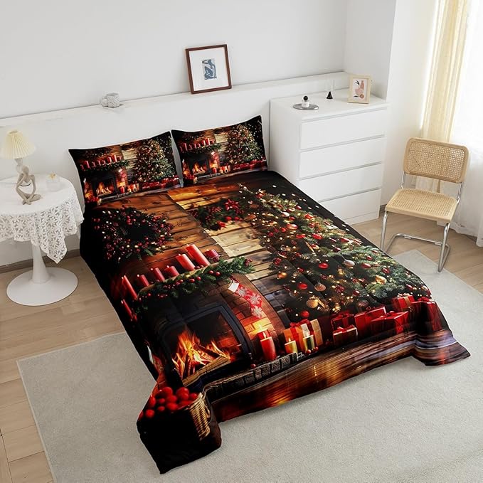 Merry Christmas Bedding Set Full Size,3D Christmas Fireplace Christmas Tree Comforter Set for Kids Boys Girls Room Decor,Xmas Theme Duvet Insert 3Pcs,Retro Wooden Stripes Quilt Set,2 Pillowcases